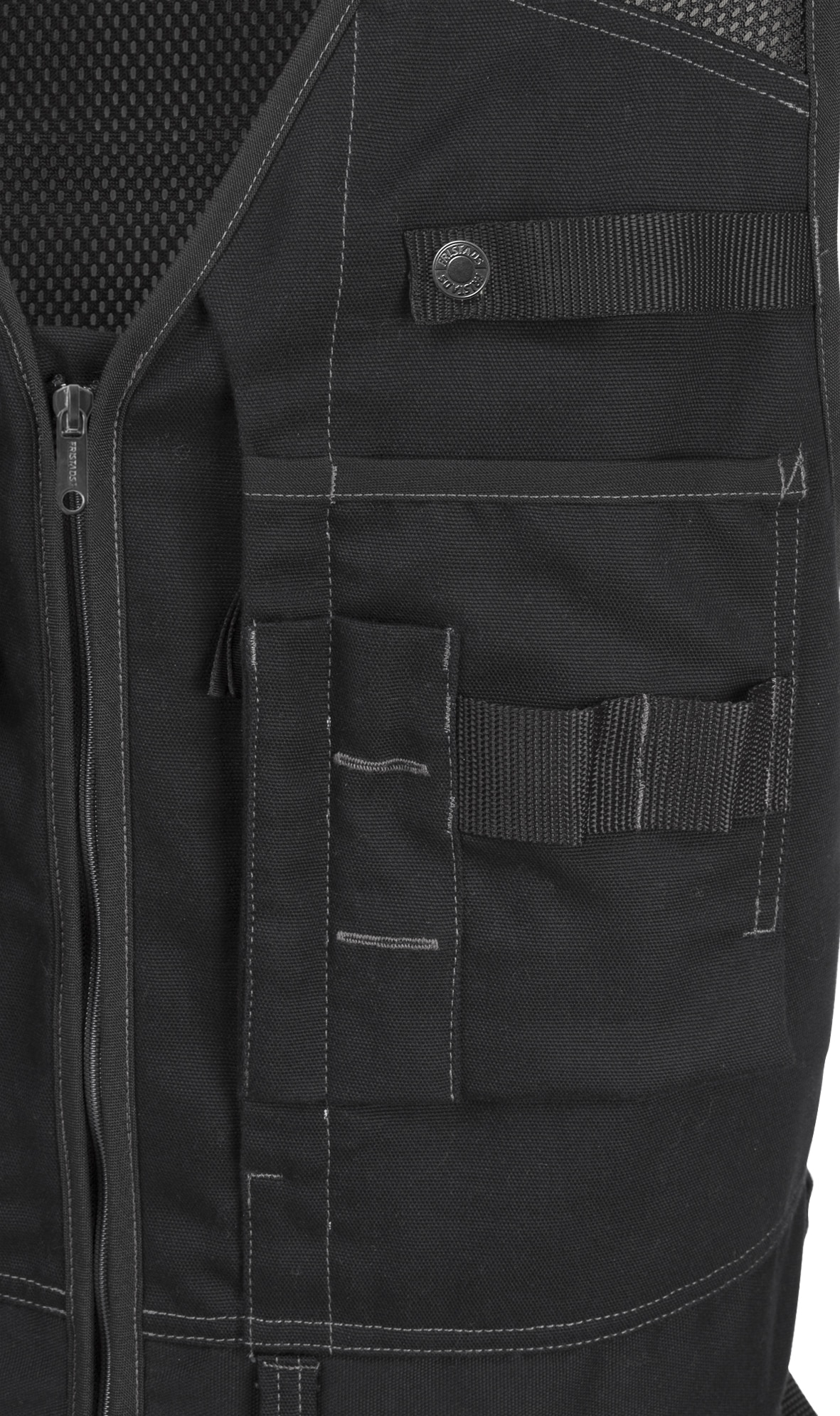 Handwerkerweste 5905 GCYD Handwerkerweste 5905 GCYD von Fristads, Detail Frontverschluss und Tasche mit Werkzeugschlaufen