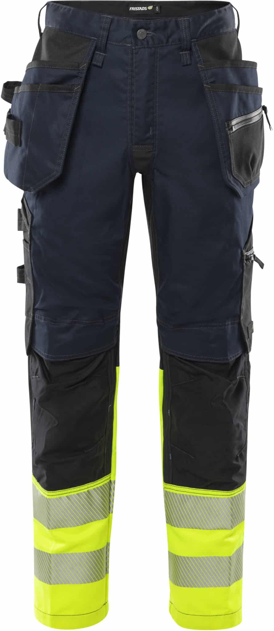 High Vis Green Handwerker-Stretchhose Kl 1 2906 GWM von Fristads in Warnschutz-Gelb/Dunkel Marineblau, Vorderansicht High Vis Green Handwerker-Stretchhose Kl 1 2906 GWM