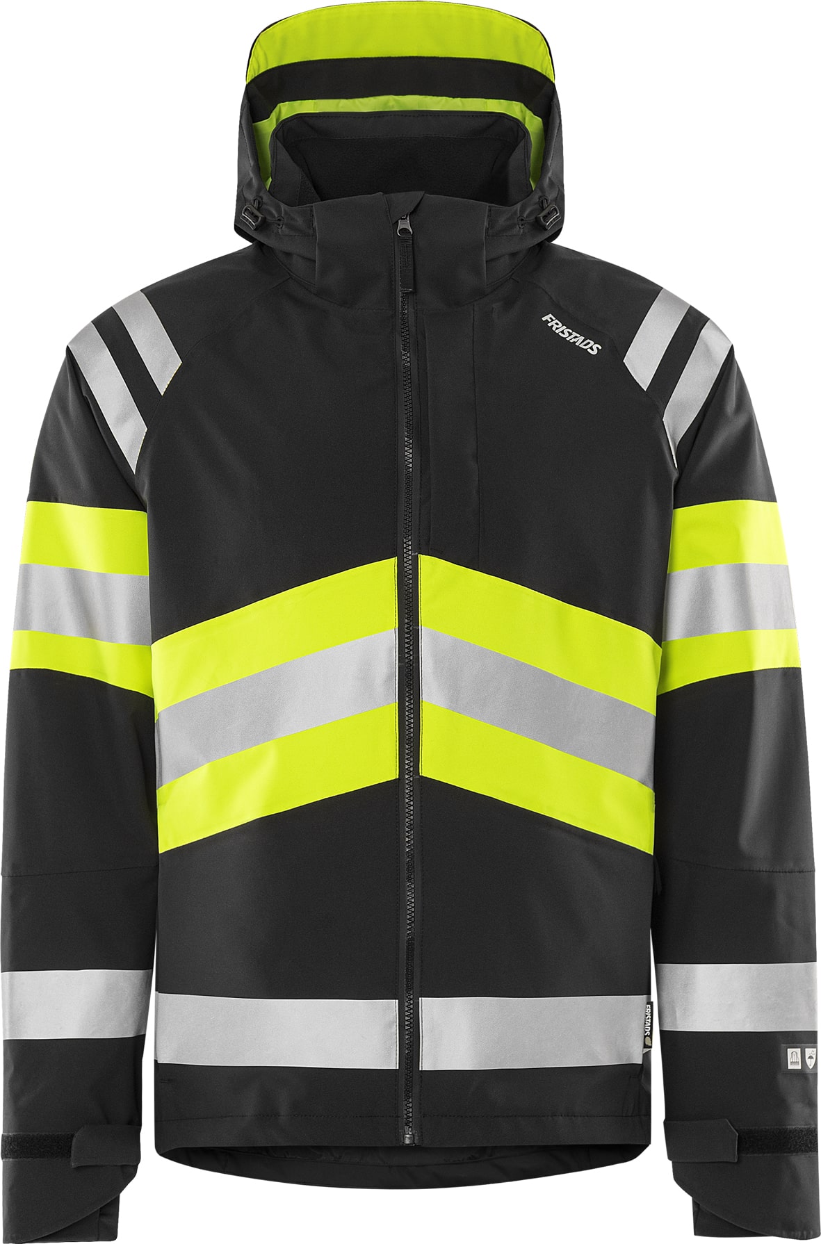 High Vis Green Stretch-Shelljacke Kl. 1 4684 GLPS von Fristads in Warnschutz-Gelb/Schwarz, Vorderansicht High Vis Green Stretch-Shelljacke Kl. 1 4684 GLPS