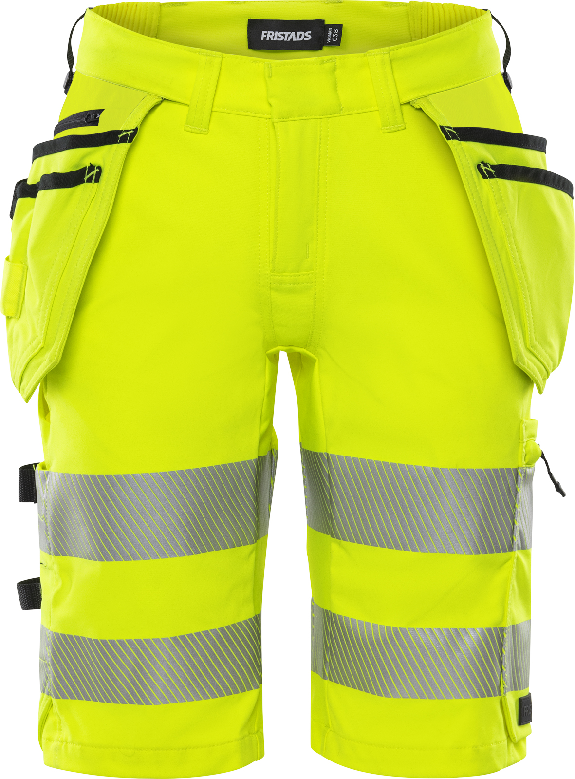 High Vis Handwerker Stretch-Shorts Damen Kl. 1 2667 GSTP von Fristads in Warnschutz-Gelb, Vorderansicht High Vis Handwerker Stretch-Shorts Damen Kl. 1 2667 GSTP