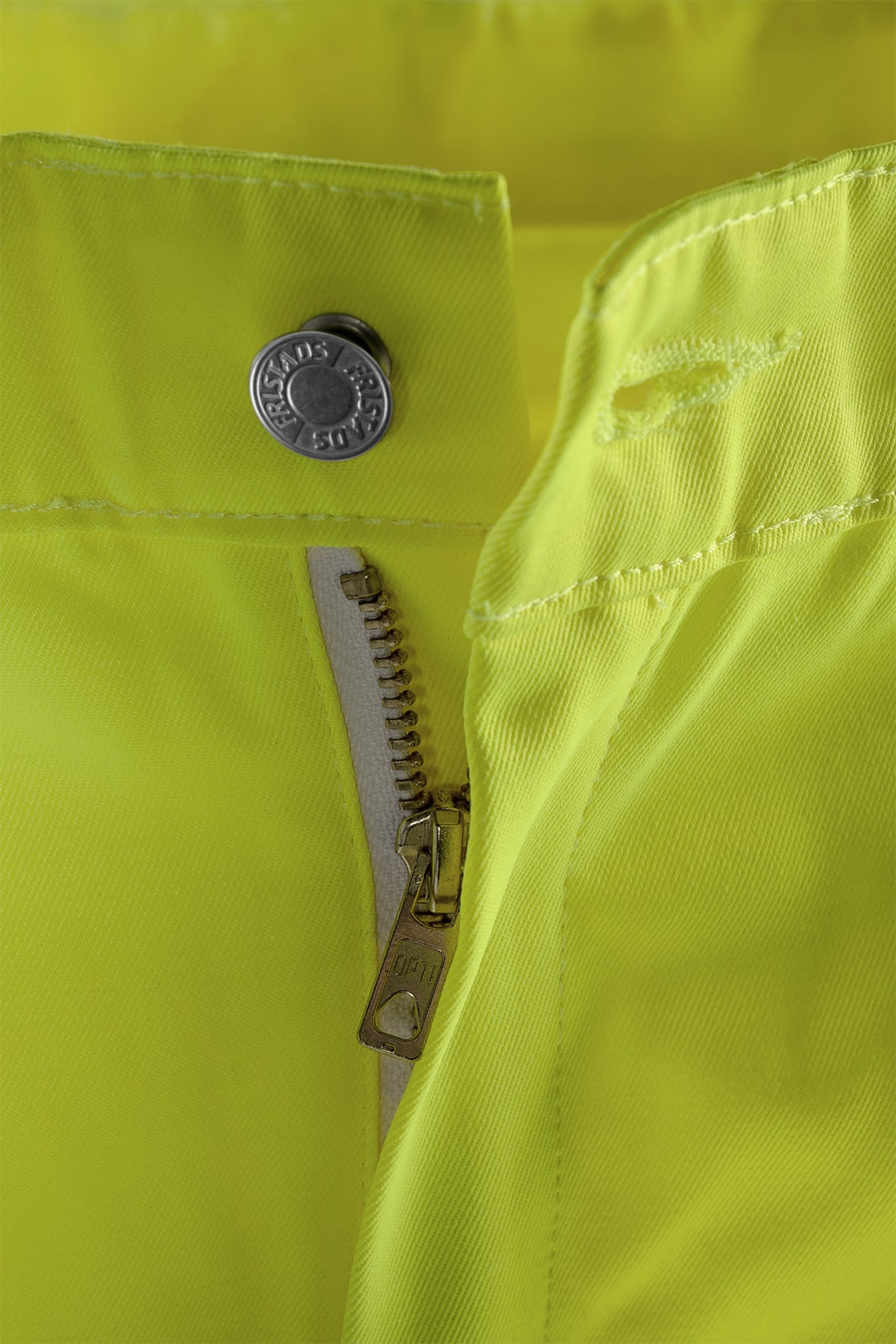 High Vis Hose Kl. 2 2001 TH High Vis Hose Kl. 2 2001 TH von Fristads, Detail Druckknopf und Reißverschluss am Bund