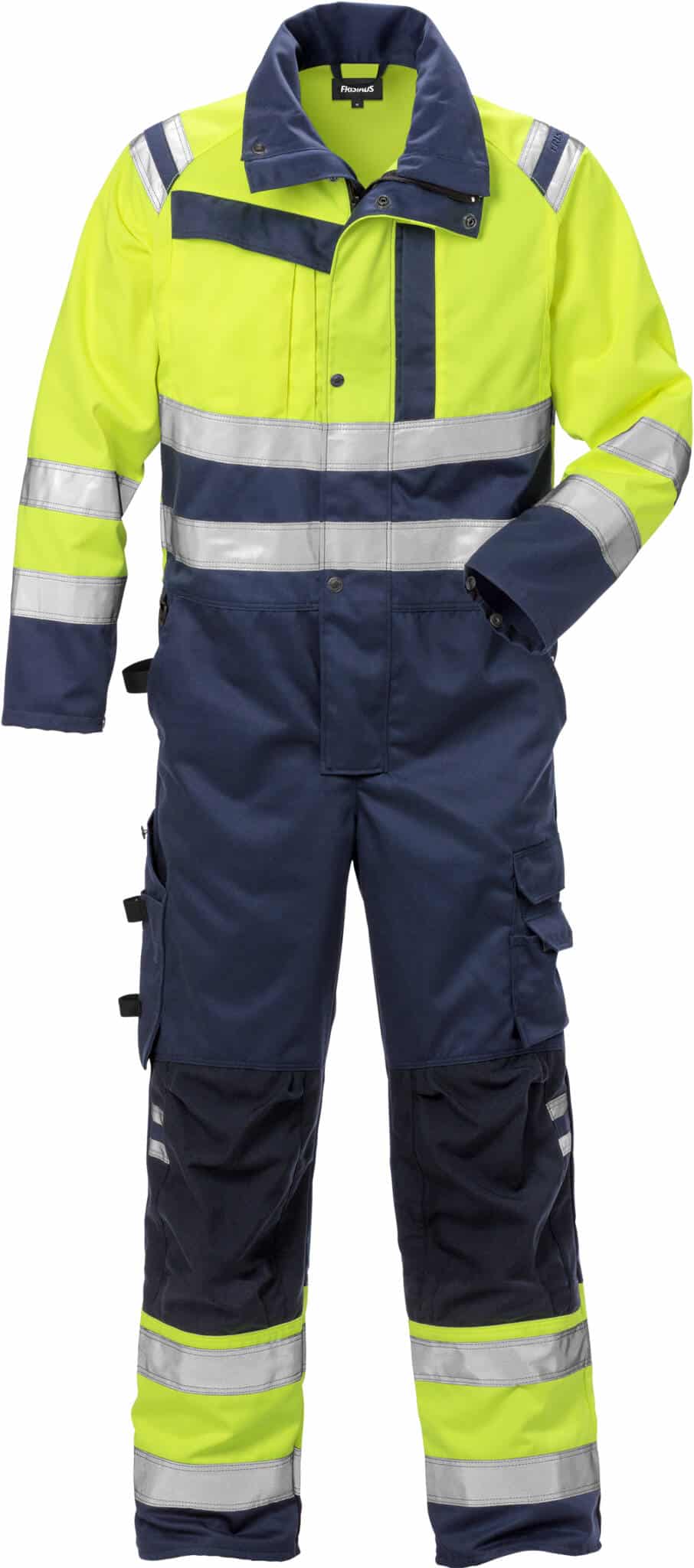 High Vis Overall Kl. 3 8026 GPLU von Fristads in Warnschutz-Gelb/Marine, Vorderansicht High Vis Overall Kl. 3 8026 GPLU