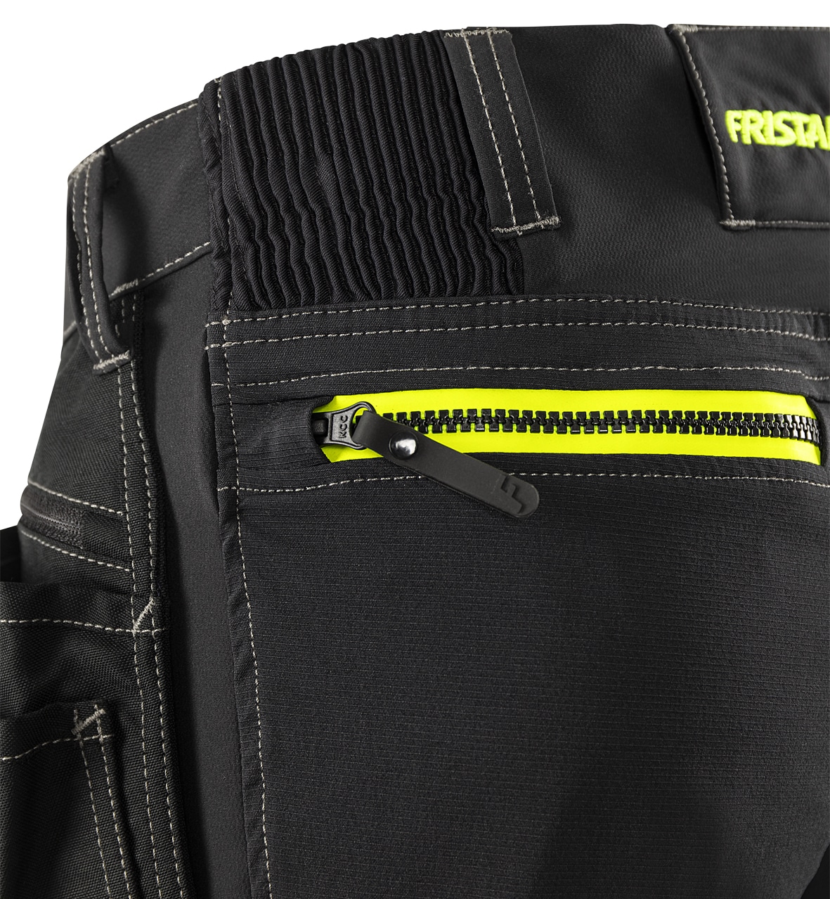 Stretch-Shorts 2567 STP Stretch-Shorts 2567 STP von Fristads, Detail Rippstrick am Bund und Gesäßtasche mit Reißverschluss