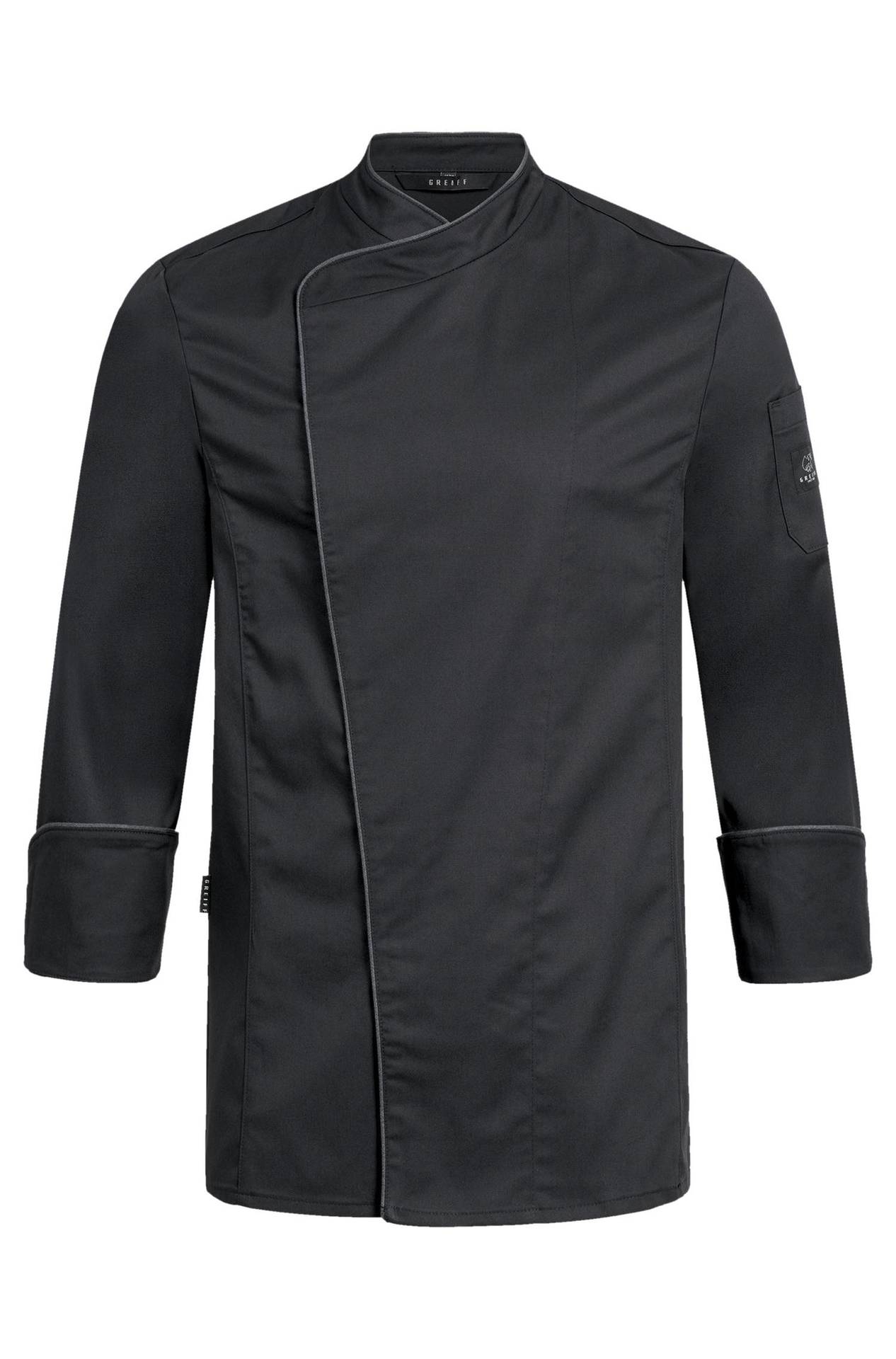 Herren-Kochjacke mit Paspelierung 5577.6220, Schwarz Paspel anthrazit Herren-Kochjacke mit Paspelierung und Druckknöpfen