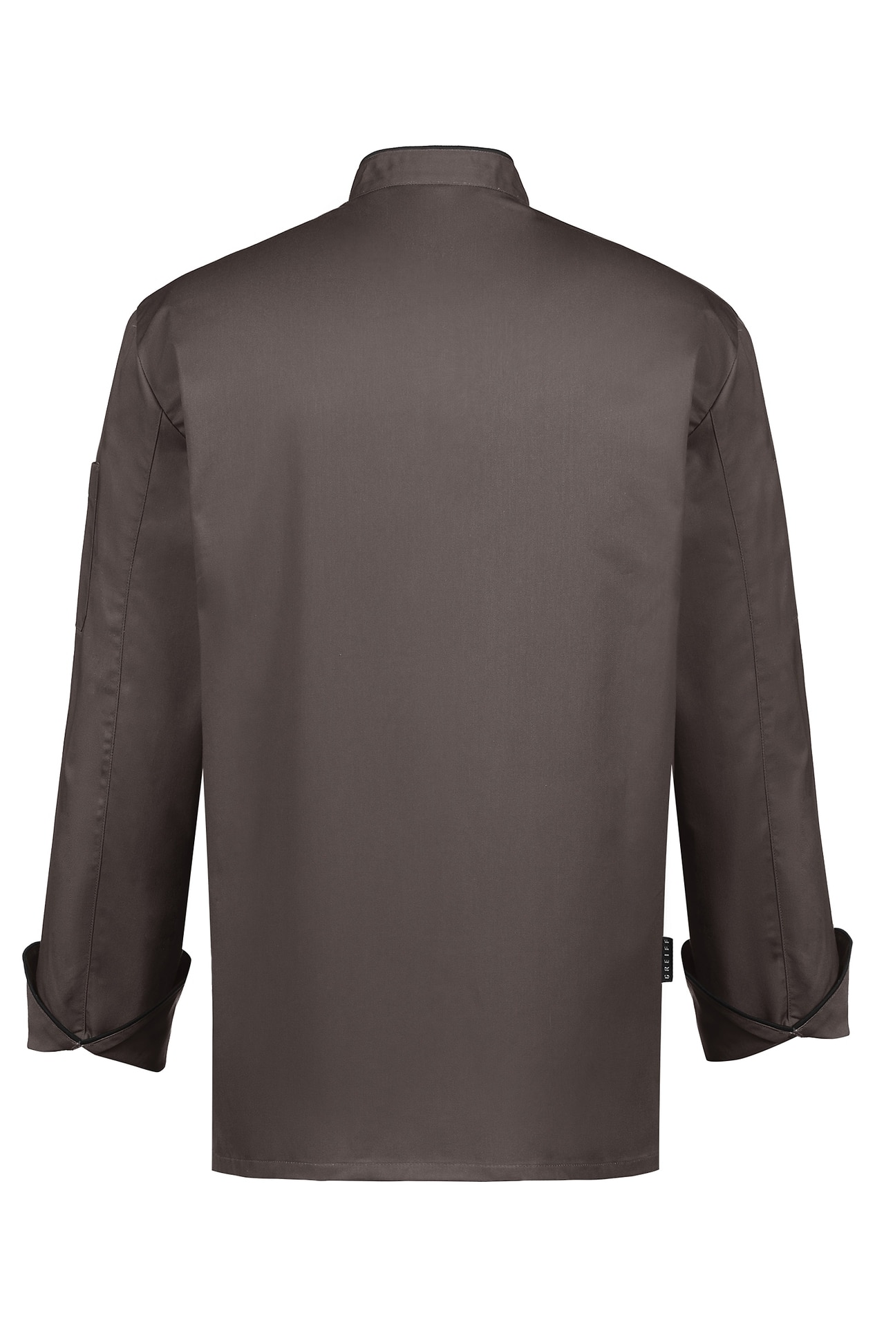 Herren-Kochjacke mit Paspelierung und Druckknöpfen Mischgewebe Herren-Kochjacke mit Paspelierung 5581.8000 in Taupe Paspel schwarz, Rückansicht