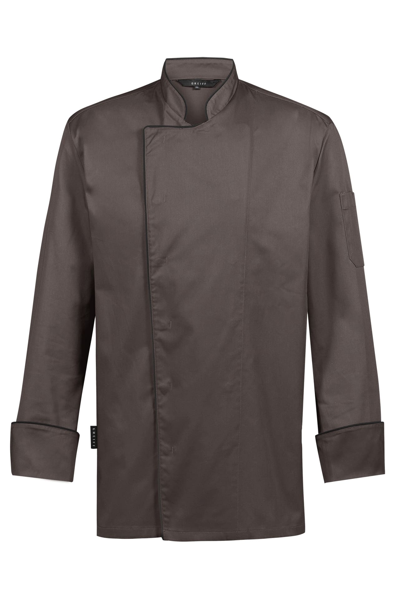 Herren-Kochjacke mit Paspelierung 5581.8000, Taupe Paspel schwarz Herren-Kochjacke mit Paspelierung und Druckknöpfen Mischgewebe