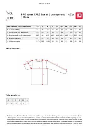 ID PRO Wear CARE Sweat mit ¼-Zip 0385 Damen Größentabelle