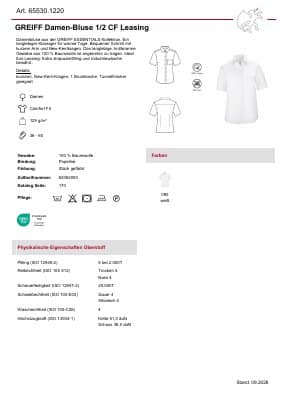 GREIFF Damen-Bluse Kurzarm Comfort Fit Leasing 65530.1220 Datenblatt