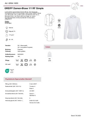GREIFF Damen-Bluse Langarm Simple 6594.1450 Datenblatt