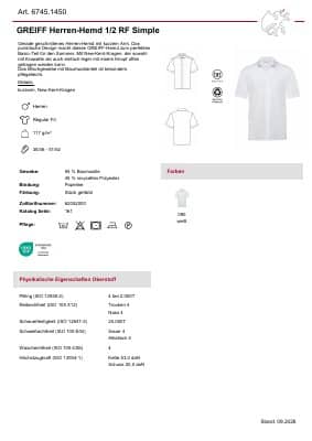 GREIFF Herren-Hemd Kurzarm Simple 6745.1450 Datenblatt